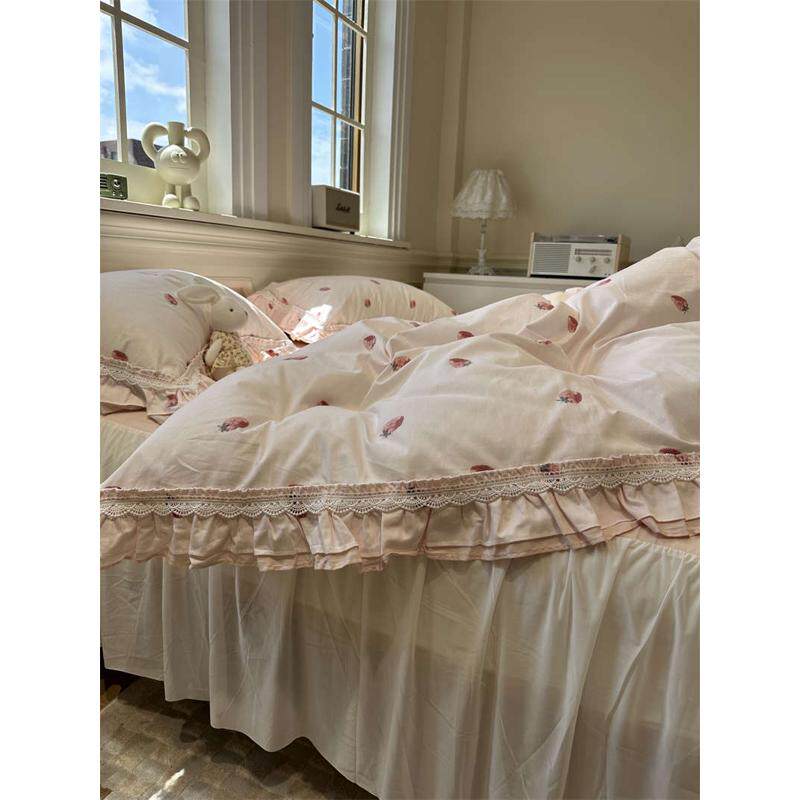 XEI3韩式公主风少女公主草莓花边床裙四件套1.5m1.8床单被套