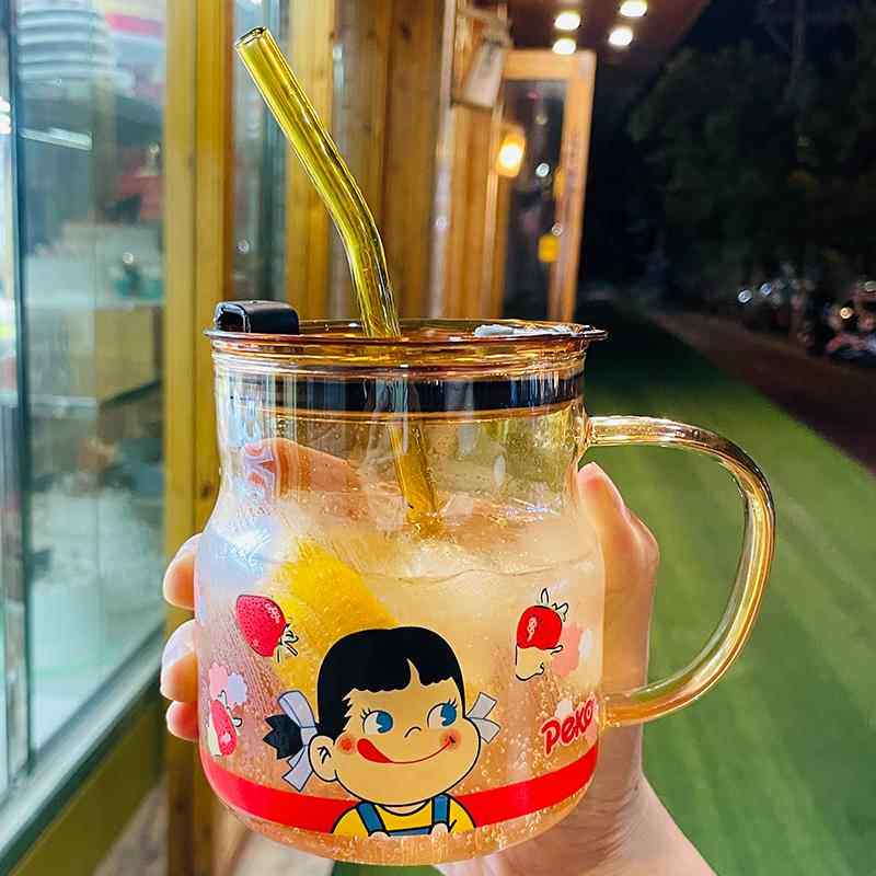 网红水杯家用喝水牛奶杯子带盖子套装可爱大肚玻璃杯饮料果汁吸管