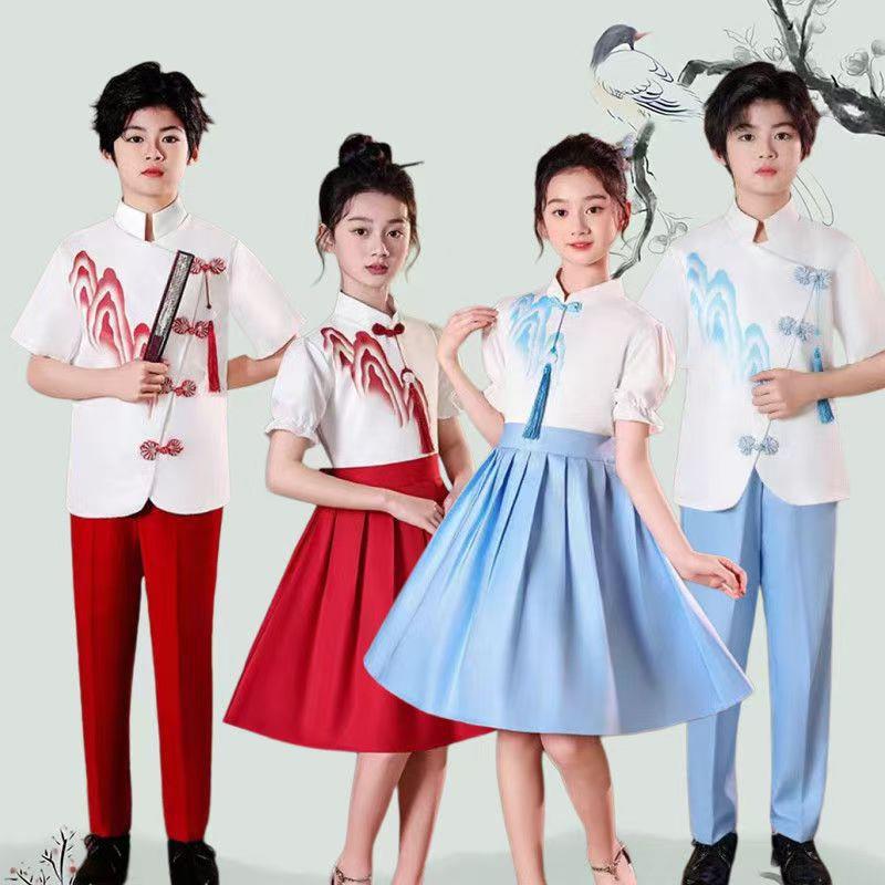 六一儿童合唱演出服诗歌朗诵小学生蓝色女童爱国主题演讲比赛服装