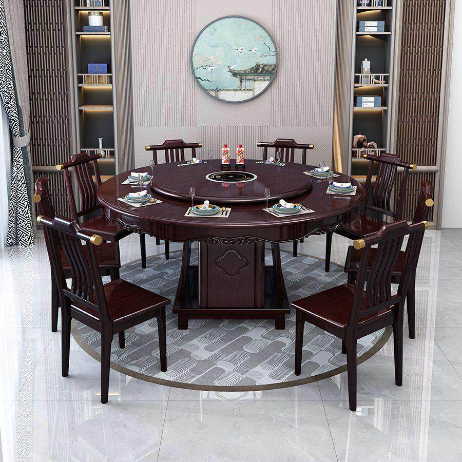 实木圆桌带转盘家用电磁炉大圆餐桌椅组合新中式10人农村餐饭馆桌
