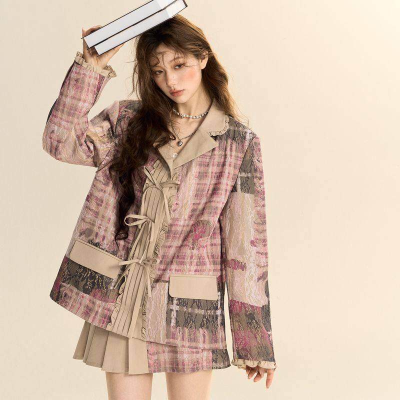 艺术系学院女孩蕾丝拼接廓形西服外套半身裙西装套装两件套秋冬款,女装/女士精品,时尚套装,淘宝优惠券,粉丝福利购,淘宝优惠卷