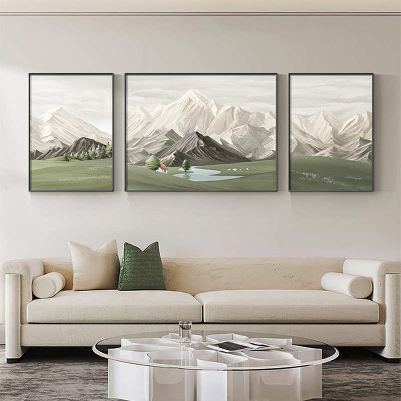 背有靠山客厅装饰画北欧风沙发背景墙挂画大气山水风景画三联壁画