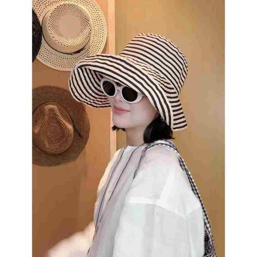 黑白条纹渔夫帽子女胶片日记优雅复古气质大帽檐遮阳帽户外太阳帽