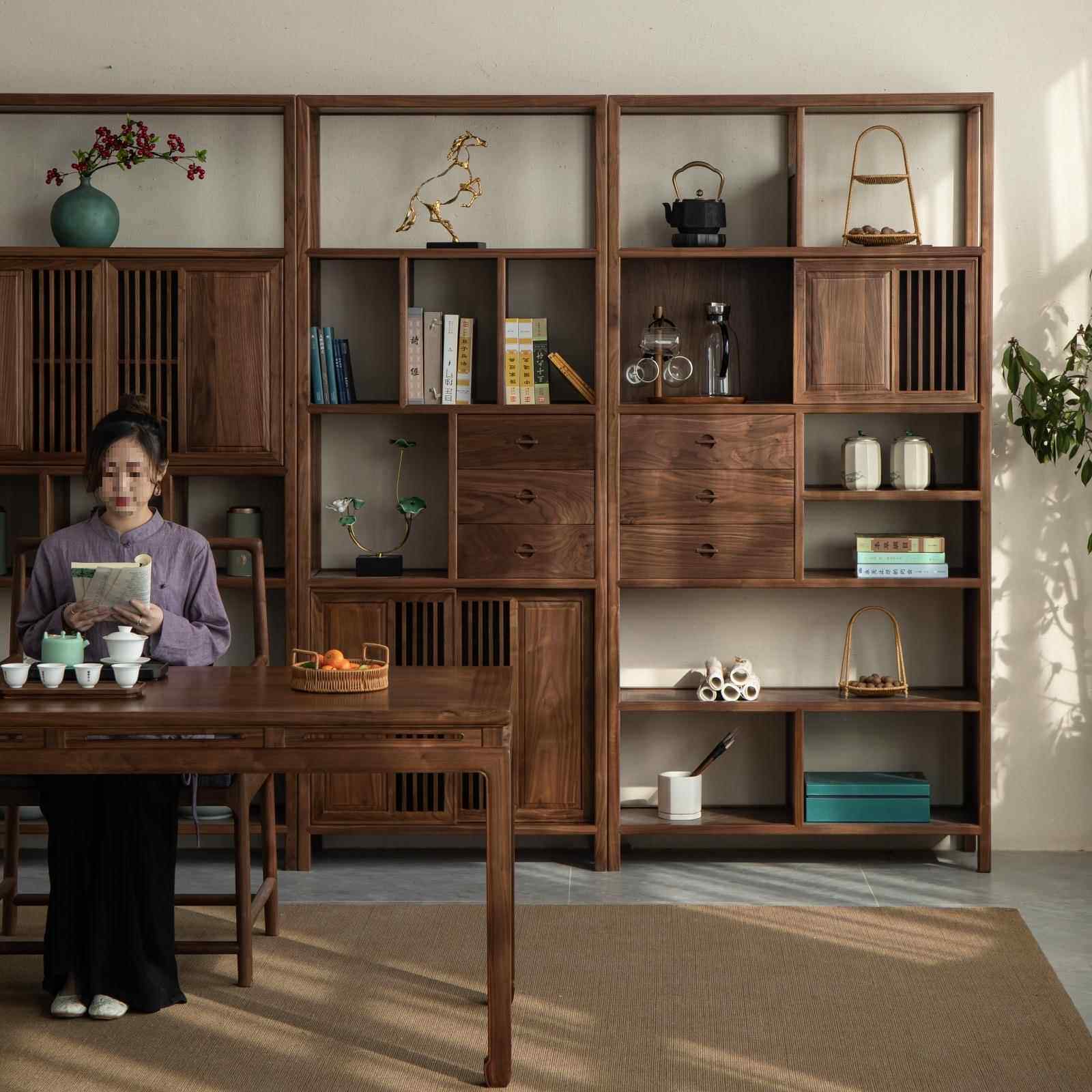 实木书架新中式多宝阁架子茶黑胡桃木书柜茶具展示架博古架茶室