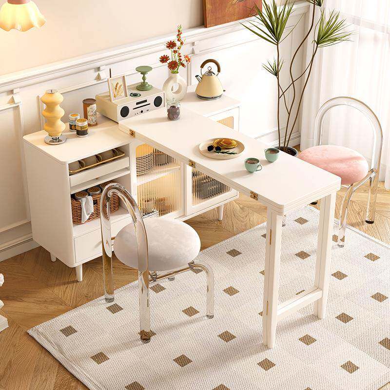 奶油折叠餐桌餐边柜一体小户型家用可伸缩吧台多功能储物旋转饭桌