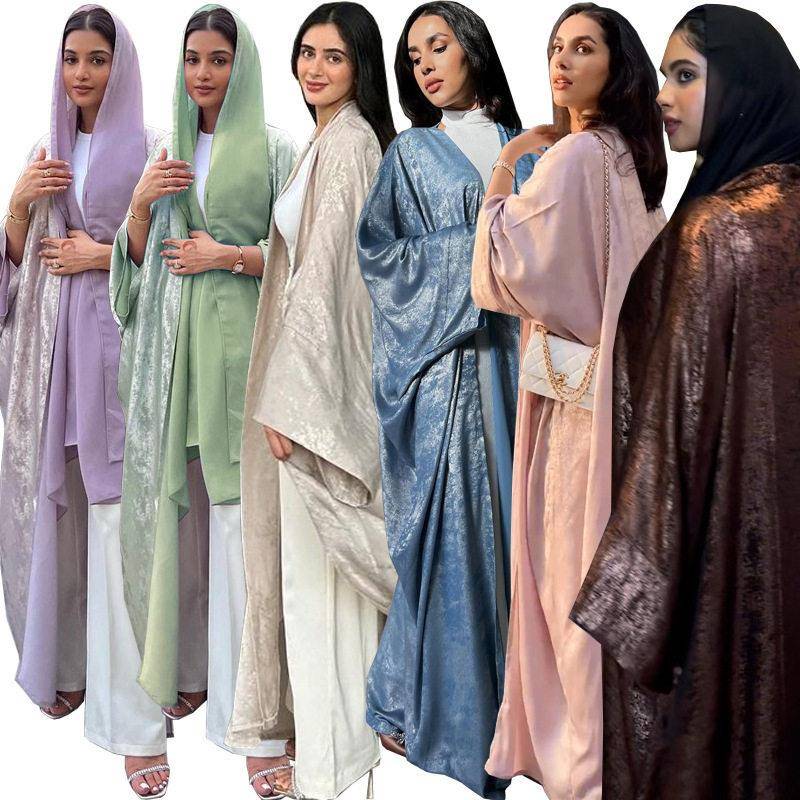 Womens Glossy Solid Batwing Sleeve Abaya without Hijab图片