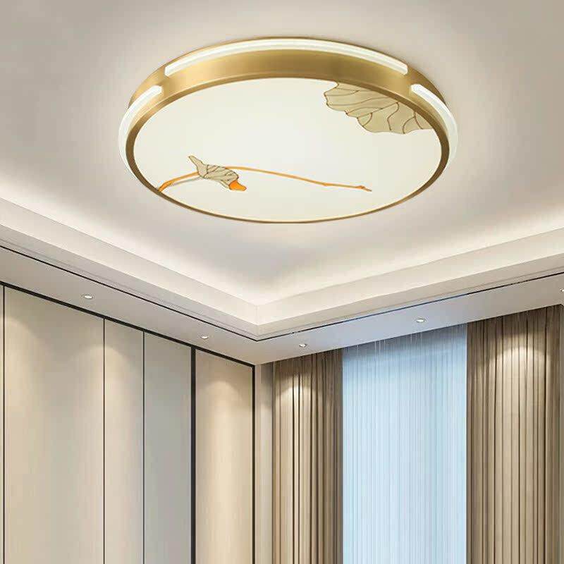 全铜新中式卧室吸顶灯现代简约书房荷花国风圆形超薄百搭艺术灯饰