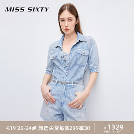 Miss Sixty牛仔连体短裤女高腰配腰带时尚条纹显瘦直筒薄款工装风