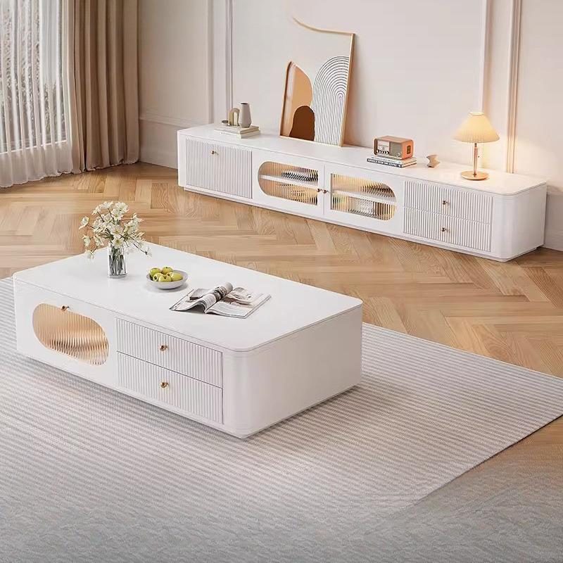 岩板电视柜落地奶油风现代简约家用客厅小户型实木电视机茶几组合