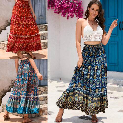 Printed high waisted beach skirt with large swing, medium