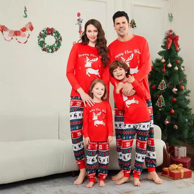 Parent child home suit with white letter printed red