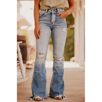 L 57140 Blue Distressed Flare Jeans 破洞喇叭牛仔裤