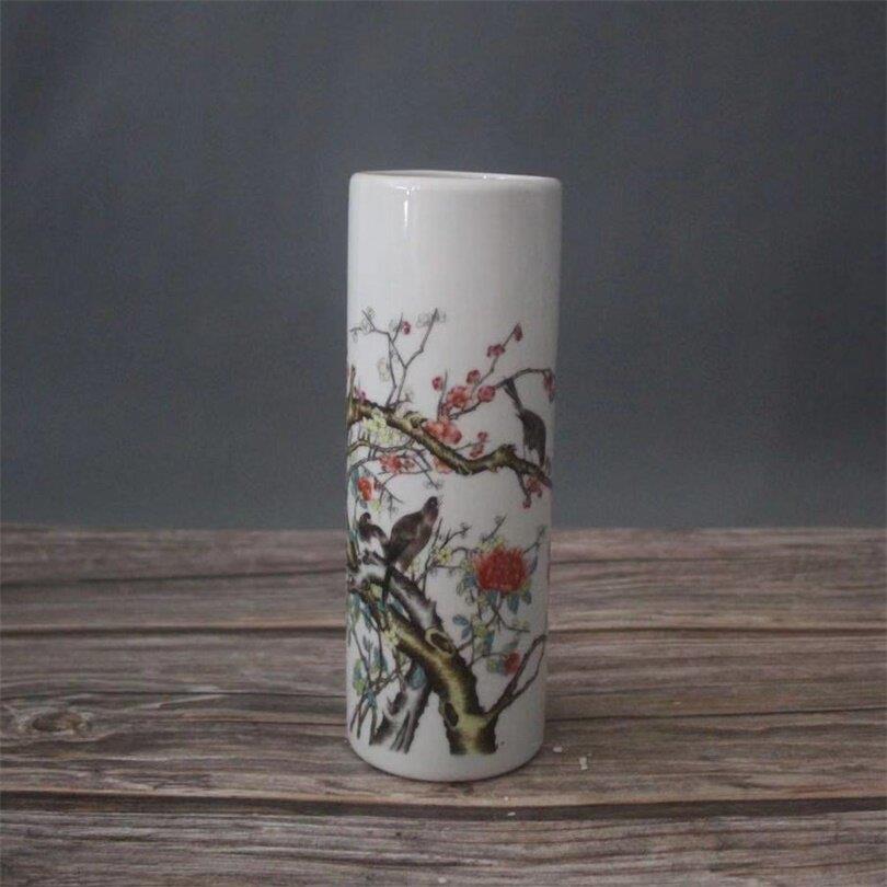 景德镇仿古陶瓷乾隆粉彩喜上眉梢长笔筒花插家居装饰展柜摆件收藏