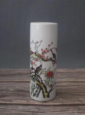 景德镇仿古陶瓷乾隆粉彩喜上眉梢长笔筒花插家居装饰展柜摆件收藏
