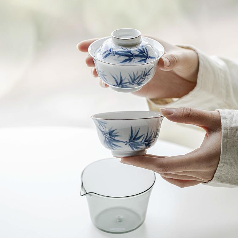 手绘青花竹子旅行茶具快客杯户外随身便携一壶一杯陶瓷茶具套装