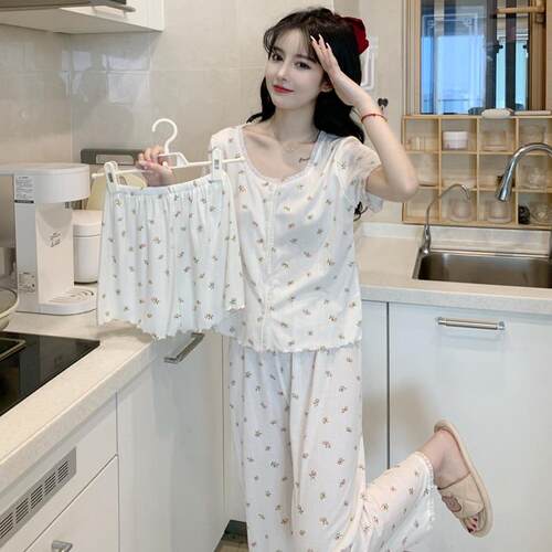 睡衣三件套装女短袖长裤2026年夏季新款碎花甜美家居服可外0626d