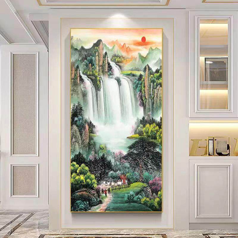 2023新款5d钻石画满钻流水生财玄关竖版风景点砖十字绣手工山水画