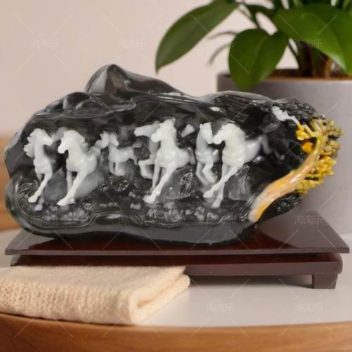 正品大八马图 天然奇石 观赏石头独雕 客厅玉石原石刻摆件 彷山玉