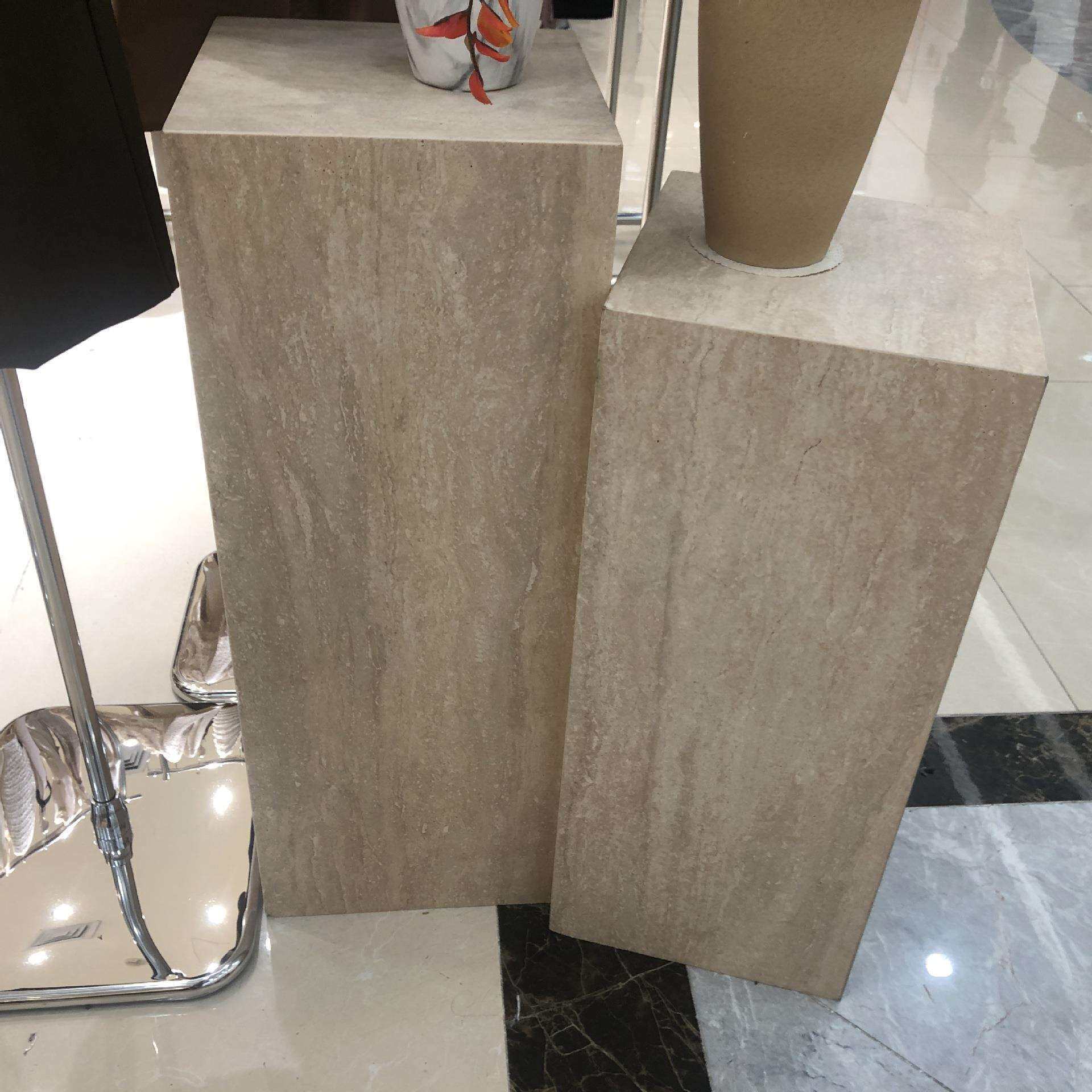 酒店服装店哑光方形天然洞石大理石边几装饰立柱工艺品摆件底座