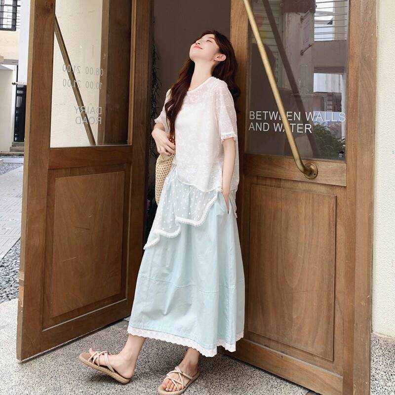 LILY MOST夏巨好看套装裙女减龄白色不规则蕾丝罩衫半身裙两件套