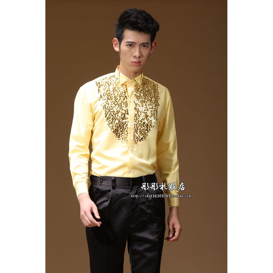 新款男士礼服长礼衬衫闪青年舞台演出光亮袖片衬衫舞蹈服婚伴郎服
