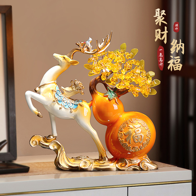 福鹿双全葫芦发财树摆件新中式客厅酒柜玄关招财聚财乔迁新居礼品