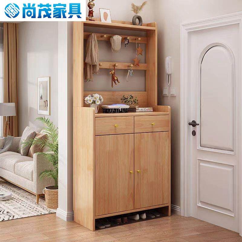 北欧实木鞋柜家用门口入户门厅柜衣帽架一体双门三门原木收纳柜子