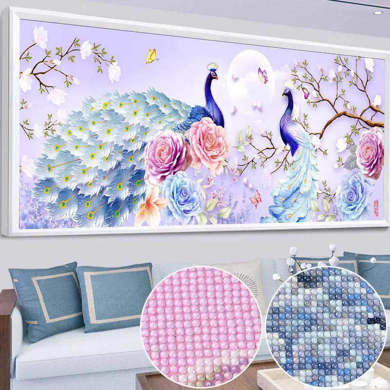 孔雀钻石画2024新款花开富贵十字绣客厅粘钻画满钻手工钻石贴贴画