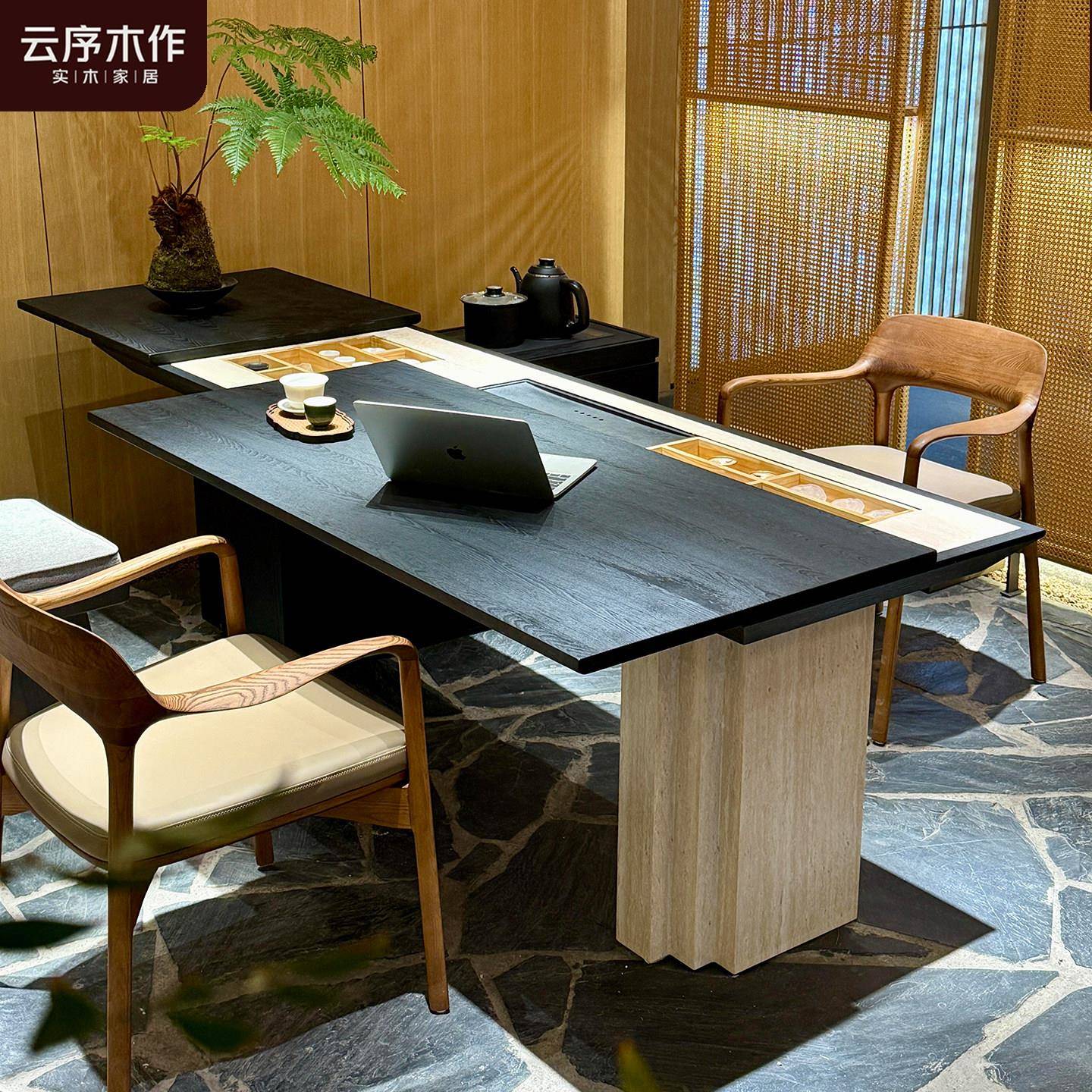 意式实木茶桌可推拉茶台办公桌带茶台一体式办公室家用阳台泡茶桌