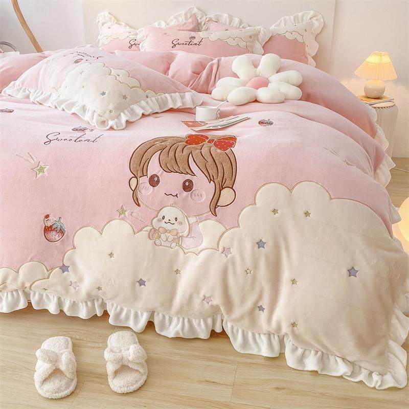 公主风牛奶绒四件套加绒双面绒床笠款珊瑚绒儿童床上用品卡通冬季