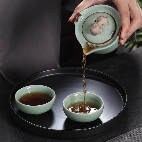 可携式简约哥窑如意快客杯旅行一壶二杯陶瓷家用功夫茶具茶杯茶壶