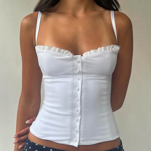 Women's Plain Contrast Lace Button Decor Crop Cami Top