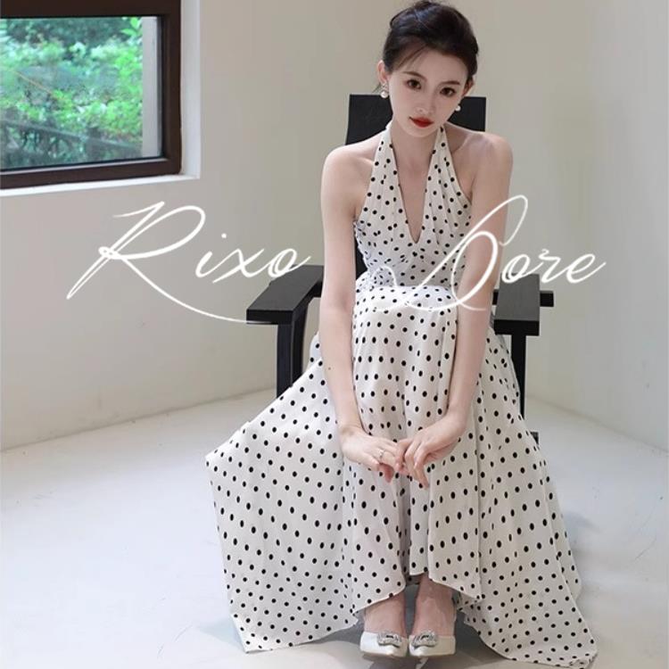 RIXO DORE法式覆古波点挂颈吊带长裙收腰a字露背海边度假洋装女