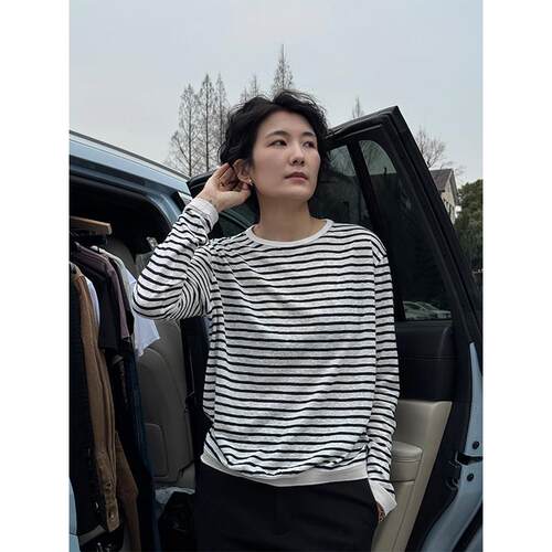 浪清 撞色条纹上衣圆领内搭衣女早秋女装微透防晒衫宽松T恤女长袖