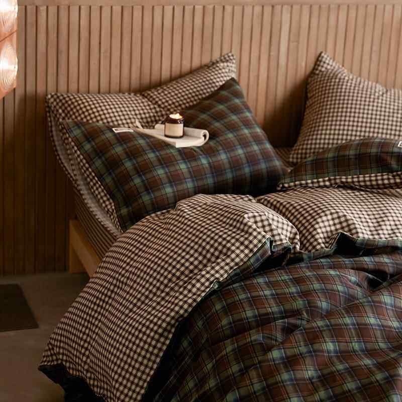 复古格子纯棉双层纱四件套学院风苏格兰格纹中性全棉床单被套床笠