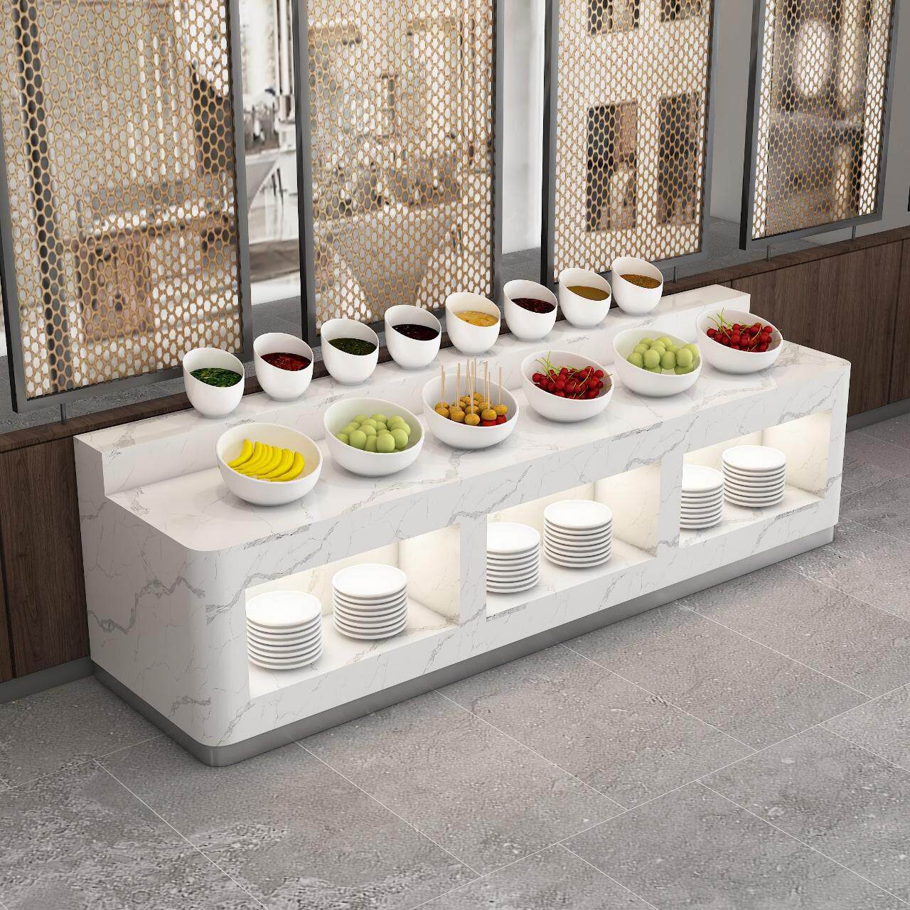 简约奶油风自助餐桌水果甜品台牛排饭店菜品摆台食堂学校布菲炉台