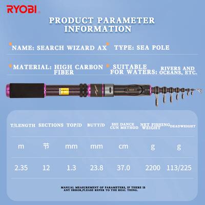 RYOBI利优比海竿2.4米仅34cm超短节便携迷你高碳海杆远投套装fuji