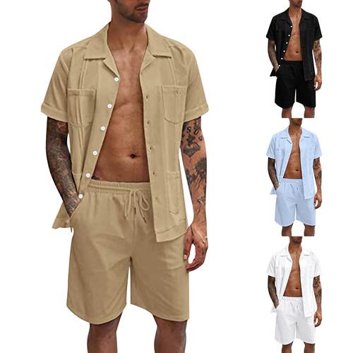 Sports short sleeved shorts set linen men's shirt