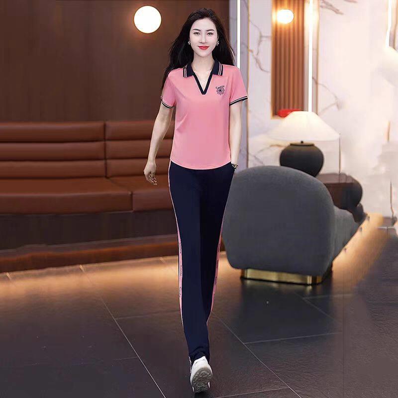 短袖运动套装女夏薄款2025新款时尚洋派显瘦减龄休闲跑步服两件套