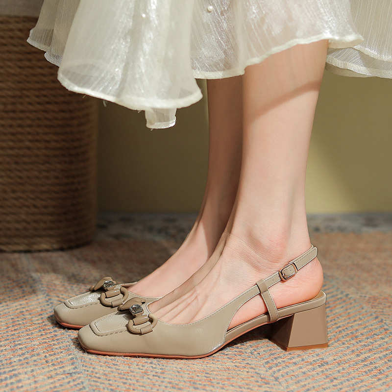 333-12 荔枝纹粗跟方头单鞋女高跟中跟羊皮后绊带玛丽珍鞋凉鞋