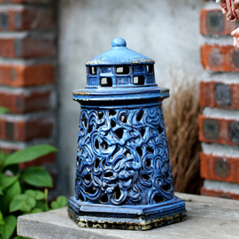 美式地中海陶瓷园艺灯塔造型摆件 镂空蜡烛罩 花园装饰 