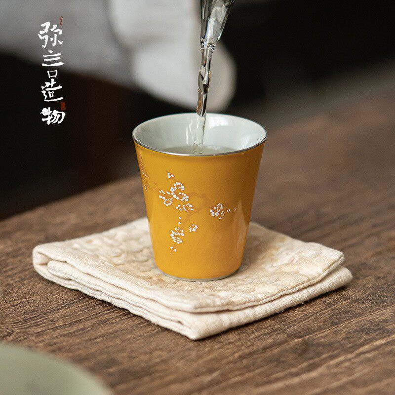 弥言明黄纯手工茶杯描金品茗杯单个喝茶杯功夫茶具套装复古主人杯