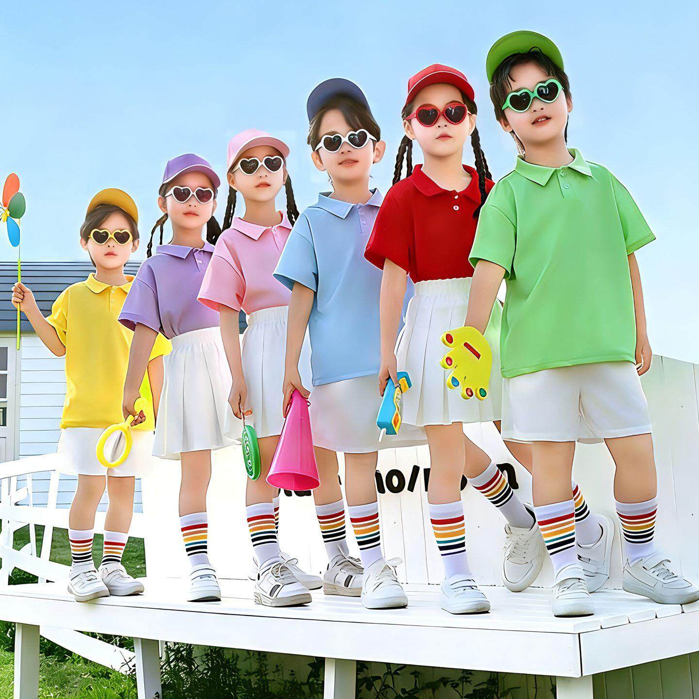 儿童啦啦队演出服糖果彩色短袖衫中小学生运动会服装合唱班服