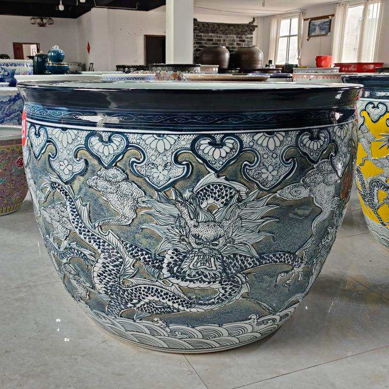 工艺品摆件荷花缸中式风格青底雕刻龙纹缸景德镇陶瓷缸风水