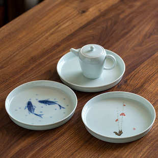 手绘梅花壶承青瓷干泡小茶盘青白陶瓷水果盘茶桌点心盘茶具配件