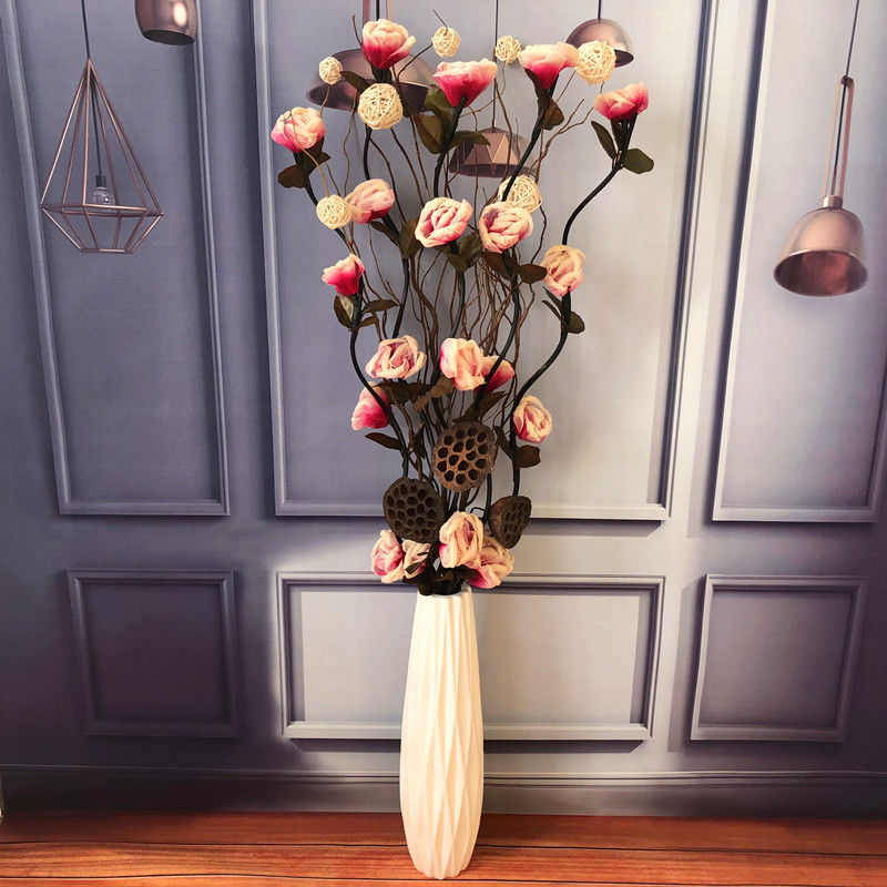 客厅装饰花创意摆件大型落地仿真花束干树枝插花玫瑰牡丹叶脉假花