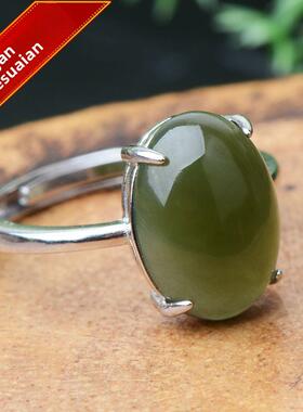 碧玉戒指女款 天然和田玉成品戒指 裸石原石戒面 s925银镶嵌戒指