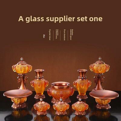 台湾古玻璃全套饰品覆古四象杯家用高端纯铜香炉长明灯