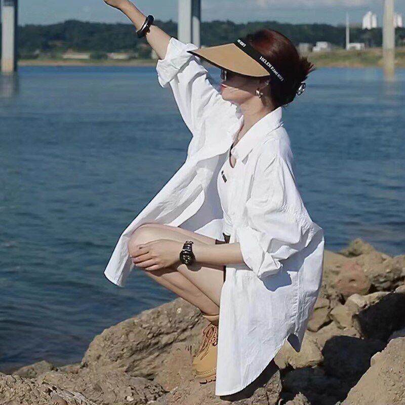 欧洲白色长袖女式春夏衬衫薄韩式水洗纯棉慵懒风格休闲衬衫夹克上