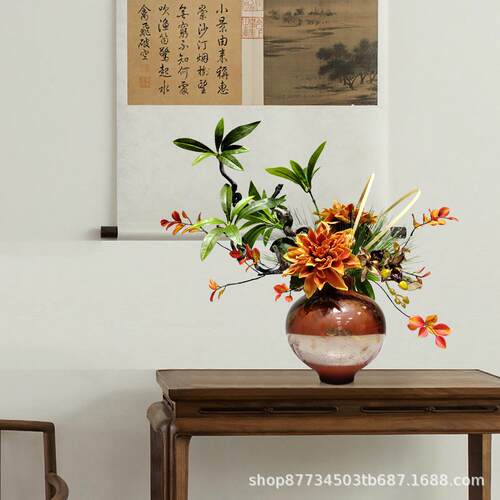 现代新中式红色仿真花艺摆件酒店售楼处大堂样板间茶室装饰品摆设